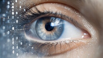 Close-up of a human eye with digital binary code overlay suggesting themes of technology, artificial intelligence, and cyber-enhanced vision