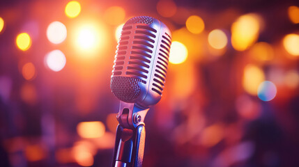 Vintage Microphone on Stage with Bokeh Lights