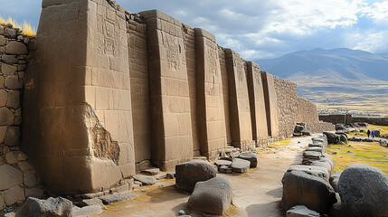 Remains of ancient megalithic complex with huge, massive stones, beautiful landscape with mountains at the background