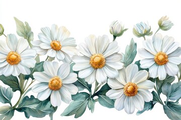 Obraz premium Bright and cheerful watercolor-style border featuring white daisy flowers with light green leaves, perfect for fresh and uplifting designs..
