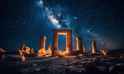 Remains of ancient mythical megalithic complex with huge stones at night, against of Milky Way panoramic view at sky. Conspiracy concept illustration 