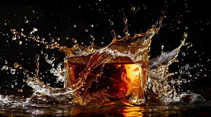 A splash of liquid from a glass, creating dynamic motion against a dark background.
