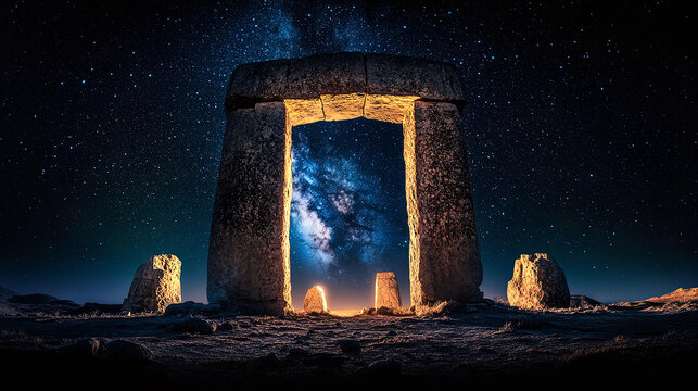 Remains of ancient mythical megalithic complex with huge stones at night, against of Milky Way panoramic view at sky. Conspiracy concept illustration 