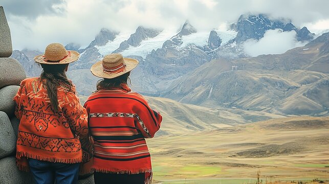 Modern mayan people looking over the Remains of ancient megalithic complex with huge stones. Beautiful landscape with mountains at the background
