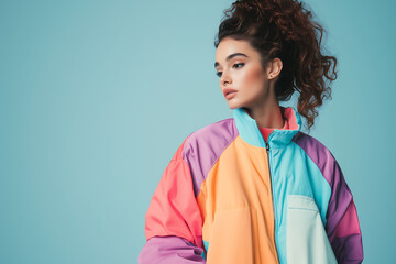 stylish woman wearing colorful 80s inspired sports jacket against blue background. vibrant colors and retro design evoke sense of nostalgia and fun
