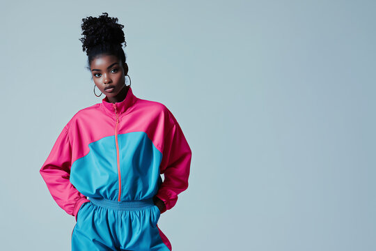 stylish woman in vibrant 80s inspired tracksuit, featuring pink and blue colors, exuding confidence and retro charm. Perfect for sports or casual wear