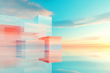 Fototapeta premium Serene landscape with translucent geometric shapes reflecting on calm water during sunset in a surreal pastel sky