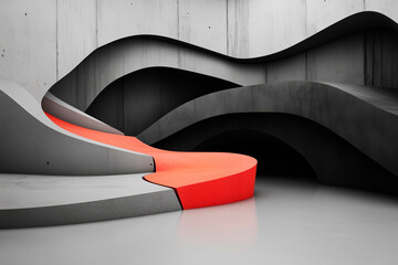 Dynamic abstract design featuring curved shapes in gray and vibrant orange against a minimalist concrete backdrop
