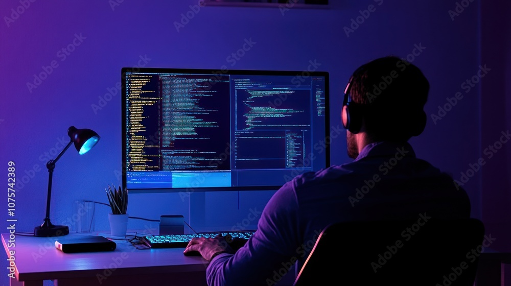 Poster a person coding at a desk with a computer and ambient lighting.