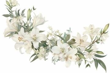 Pure and graceful watercolor-style border featuring white lilies with soft green leaves, ideal for elegant and refined designs with a natural touch..