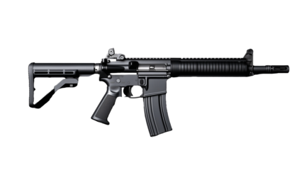 Black assault rifle with grip on transparent background