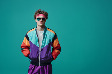 man in colorful 80s sportswear, wearing sunglasses and headband, poses confidently against teal background. His vibrant outfit reflects retro fashion trends