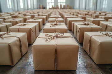A vast array of neatly arranged cardboard gift boxes waiting for special occasions in a bright, spacious setting
