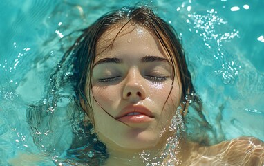 Woman with closed eyes submerged in a pool of water, face visible.
