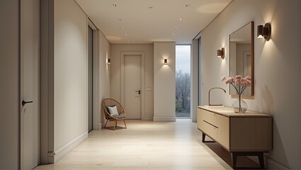 Modern hallway interior with armchairs, mirrors, lighting, doors. Clean design, minimalism, architecture details. Generative, AI.