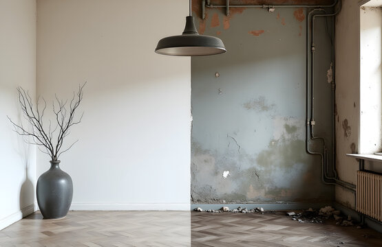 Comparison of different parts of room, new shiny wall vs old shubby unfinished floor and wall .