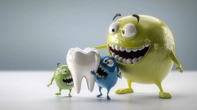 Tooth defense: imaginary monsters confronting healthy tooth, showcasing threat of caries while emphasizing critical need for regular dental care, vital role of cleanliness in preserving oral health.