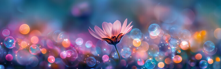 Ethereal pink flower with colorful bokeh bubbles in a dreamy atmosphere
