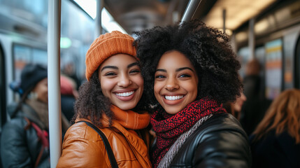lgbt lesbian couple embracing together inside a subway train sharing love, affection, and intimacy with an urban street lifestyle