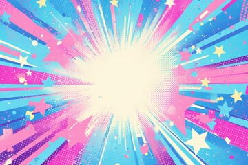 Fototapeta premium Vibrant comic book-style background in pink and turquoise featuring radiating light beams and dotted patterns, inspired by pop art for a playful and energetic look..