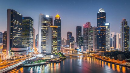 Naklejka premium Busy cityscape at night with lights reflecting off skyscrapers