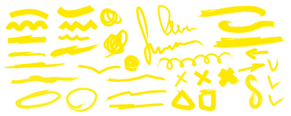 Yellow vector marker graphic stylish element. Selecting and underlining text. The lines of the brush are broken and smooth. Handmade marker strokes. Stripes of text markers.