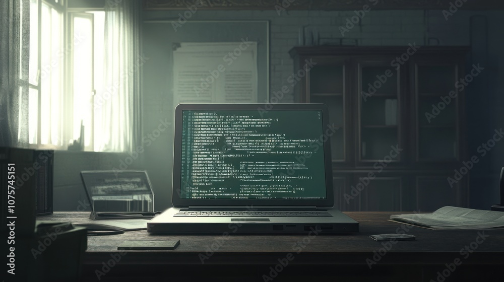 Poster a dimly lit workspace featuring a laptop displaying code, suggesting programming or development.