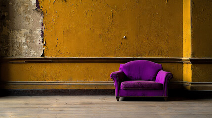  A chair in a room with peeling paint on the walls and a wooden floor, facing a yellow wall