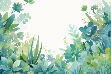 Soft and natural watercolor-style frame featuring succulents and cacti in green and blue tones, perfect for serene and botanical-themed designs..