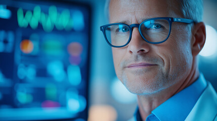 Confident Male Scientist Looking at Camera with Blue Screen in Background