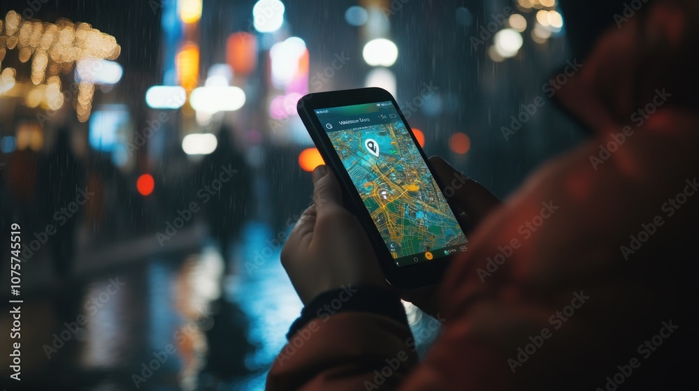 Poster a person using a smartphone in the rain, displaying a colorful map interface.