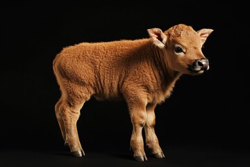 the beside view baby African Buffalo standing, left side view, low angle, white copy space on right, Isolated on black Background
