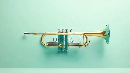 Obraz premium Brass trumpet on green wall with blue background
