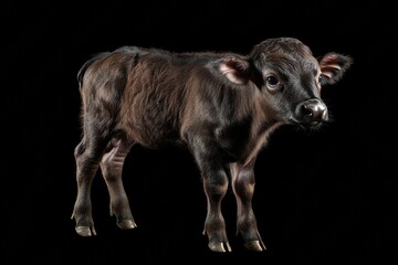 Fototapeta premium the beside view baby African Buffalo standing, left side view, low angle, white copy space on right, Isolated on black Background