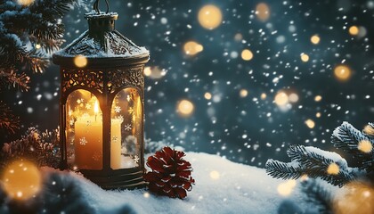 Glistening Candlelit Christmas Lantern in Snow with Conifer and Pinecone Under Starry Holiday Sky : Generative AI