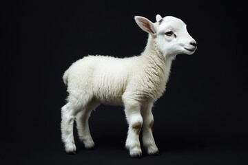 Fototapeta premium the beside view baby Dall Sheep standing, left side view, low angle, white copy space on right, Isolated on black Background