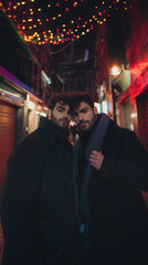 Obraz premium portrait of a gay couple in love with attitude on a street at night with colorful lights sharing their love