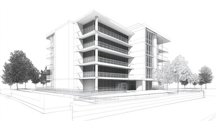 Fototapeta premium Architectural sketch of a modern building with multiple levels and surrounding greenery.