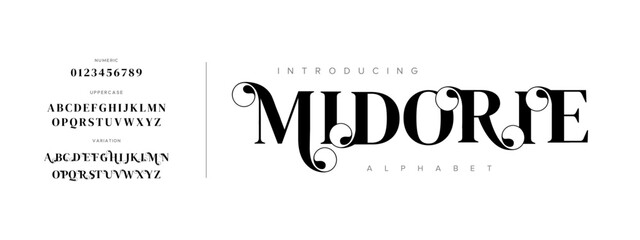 Midorie typography beauty fashion elegant minimalist serif italic fonts decorative wedding vintage retro logos. Minimal luxury font alphabet logo. Vector illustration