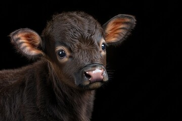 Fototapeta premium Mystic portrait of baby Domestic Water Buffalo in studio, copy space on right side, Headshot, Close-up View, isolated on black background