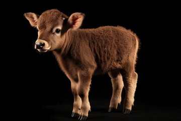 Fototapeta premium the beside view baby Domestic Water Buffalo standing, left side view, low angle, white copy space on right, Isolated on black Background