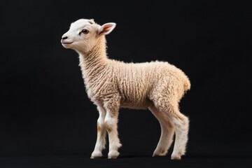 Fototapeta premium the beside view baby Argali Sheep standing, left side view, low angle, white copy space on right, Isolated on black Background