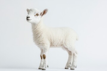 Obraz premium the beside view baby Dall Sheep standing, left side view, low angle, white copy space on right, Isolated on White Background