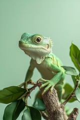 Fototapeta premium Behold the stunning and vibrant green lizard resting on a branch in its natural habitat
