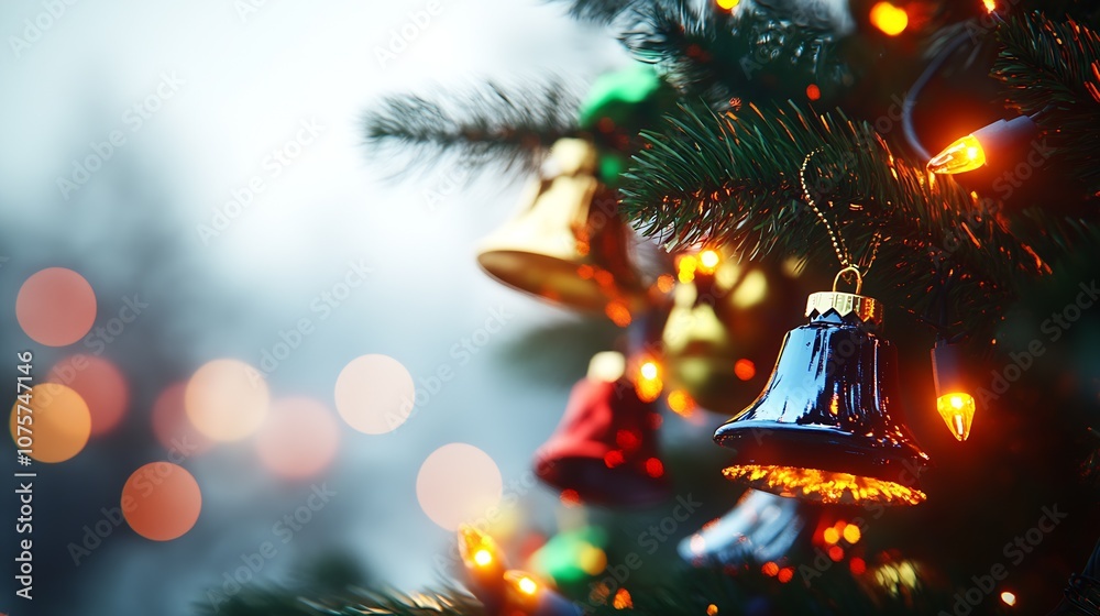 Poster vibrant christmas tree bells and lights with dreamy holiday bokeh background : generative ai