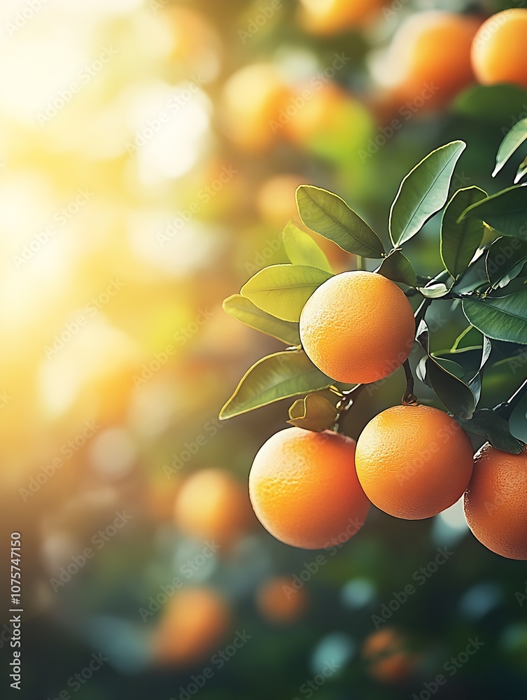 Poster fresh ripe oranges hanging on a tree branch with sunlight in a sunny orchard scene : generative ai
