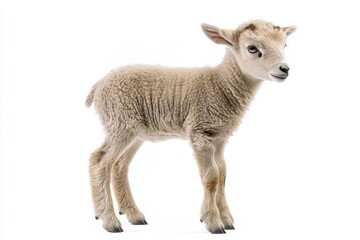 Fototapeta premium the beside view baby Argali Sheep standing, left side view, low angle, white copy space on right, Isolated on White Background
