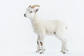 Fototapeta premium the beside view baby Dall Sheep standing, left side view, low angle, white copy space on right, Isolated on White Background
