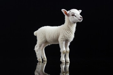 Obraz premium the beside view baby Dall Sheep standing, left side view, low angle, white copy space on right, Isolated on black Background