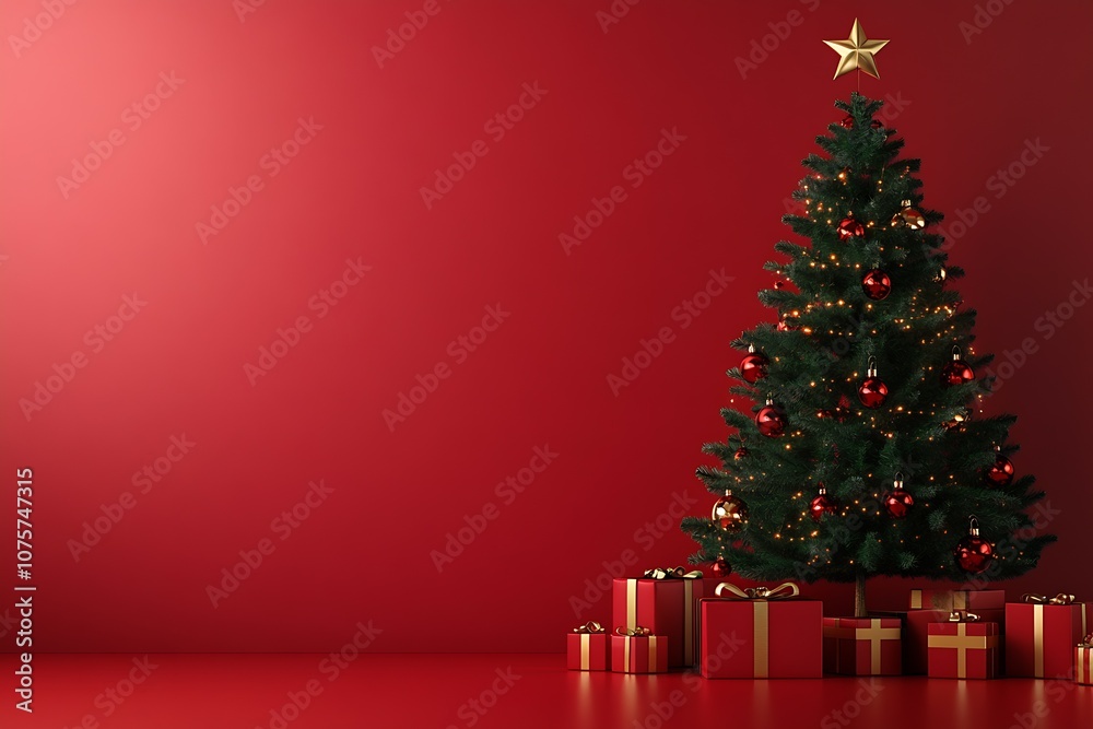 Poster elegant christmas tree decorated with gold stars and red ornaments on a minimalist red background : 